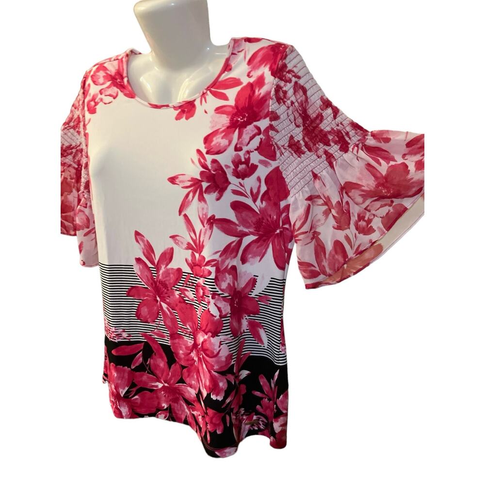 Calvin Klein Women's Pink/Blk/White Floral Striped Flutter Sleeve Bouse | Size M - Picture 4 of 11